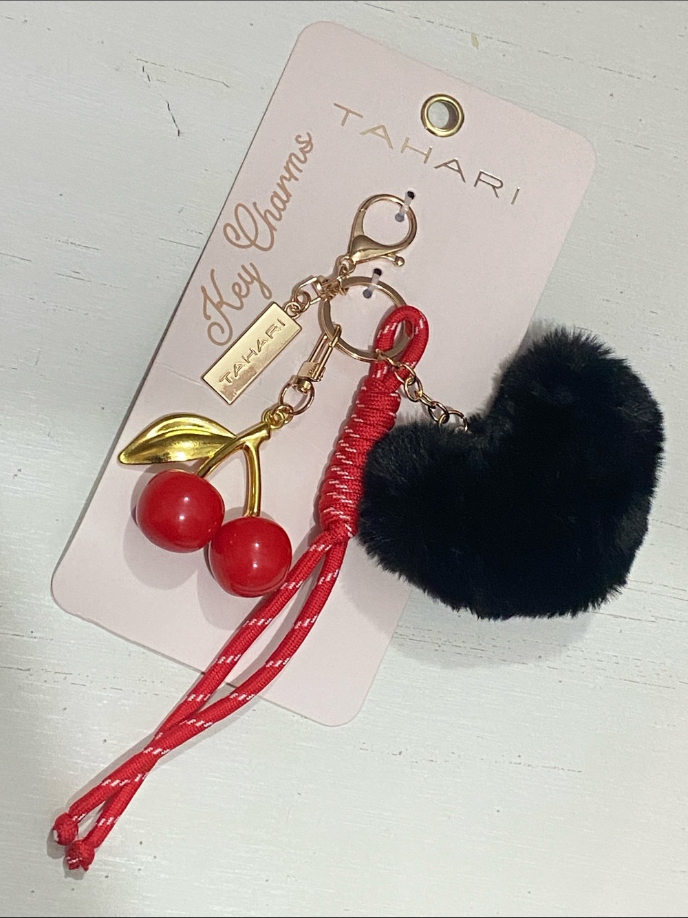 Tahari - Black Fur Heart with Red Cherry & Gold Accents Bag Charm
